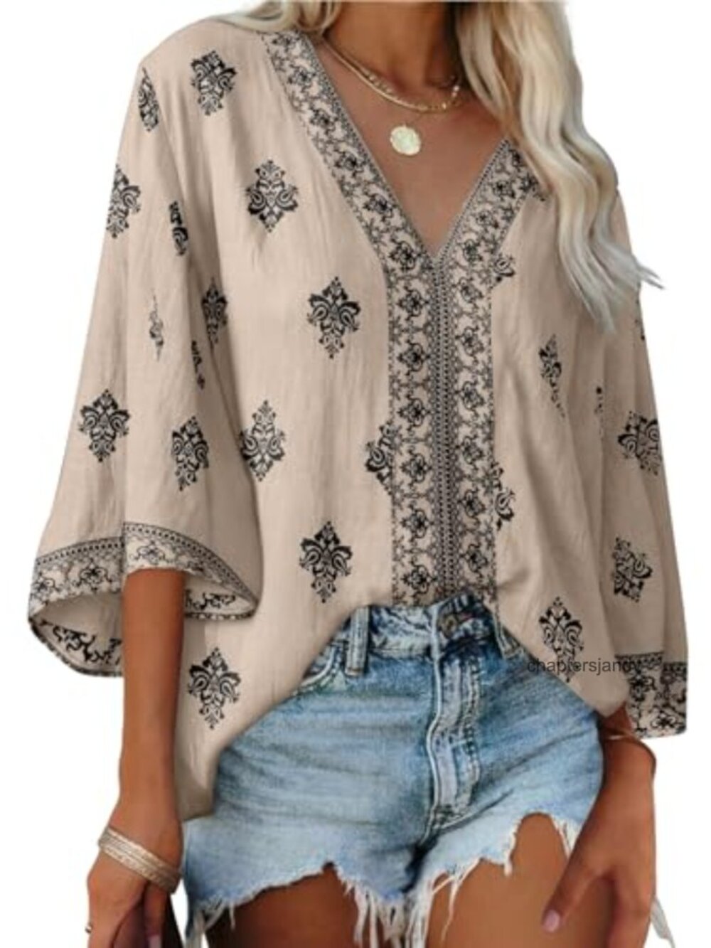 Women's Boho Floral Blouse 3/4 Sleeve Deep V Neck Viscose Top